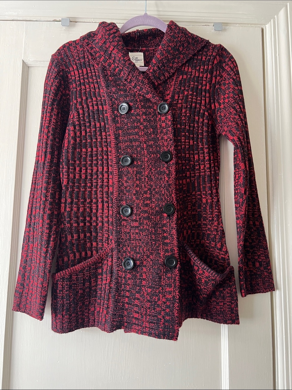 Effeci Hooded Red & Black Textured Knit double breasted Button up sweater